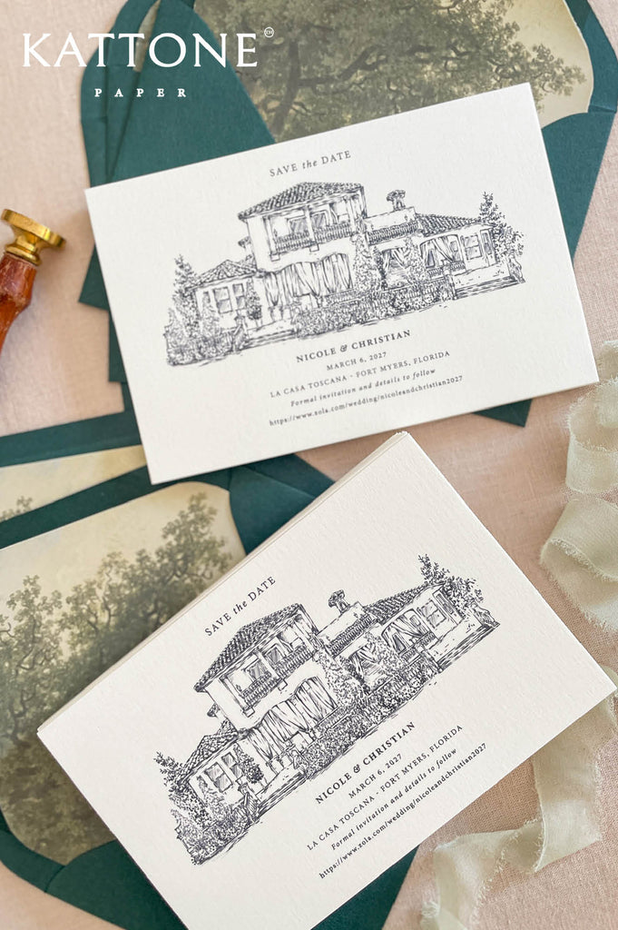 Wedding save the date suite styled with illustrated venue cards, dark green envelopes, wax seal stamp and soft neutral ribbon accents.