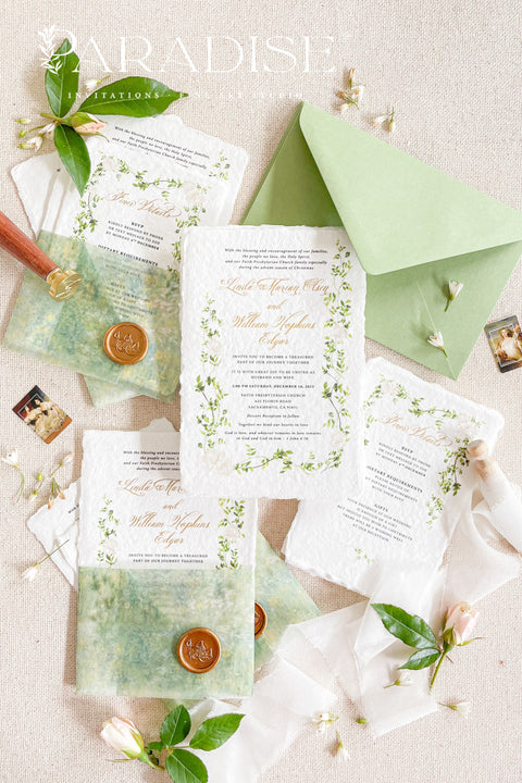 This exquisite wedding invitation set offers a blend of natural elegance and personalized artistry. Perfect for a garden green wedding, these beautiful custom elegant invites are printed on luxurious handmade deckled edge paper, which provides a rich, tactile feel and a truly unique finish. The result is a stationery suite that is both sophisticated and harmonious, beautifully capturing the essence of your special day.