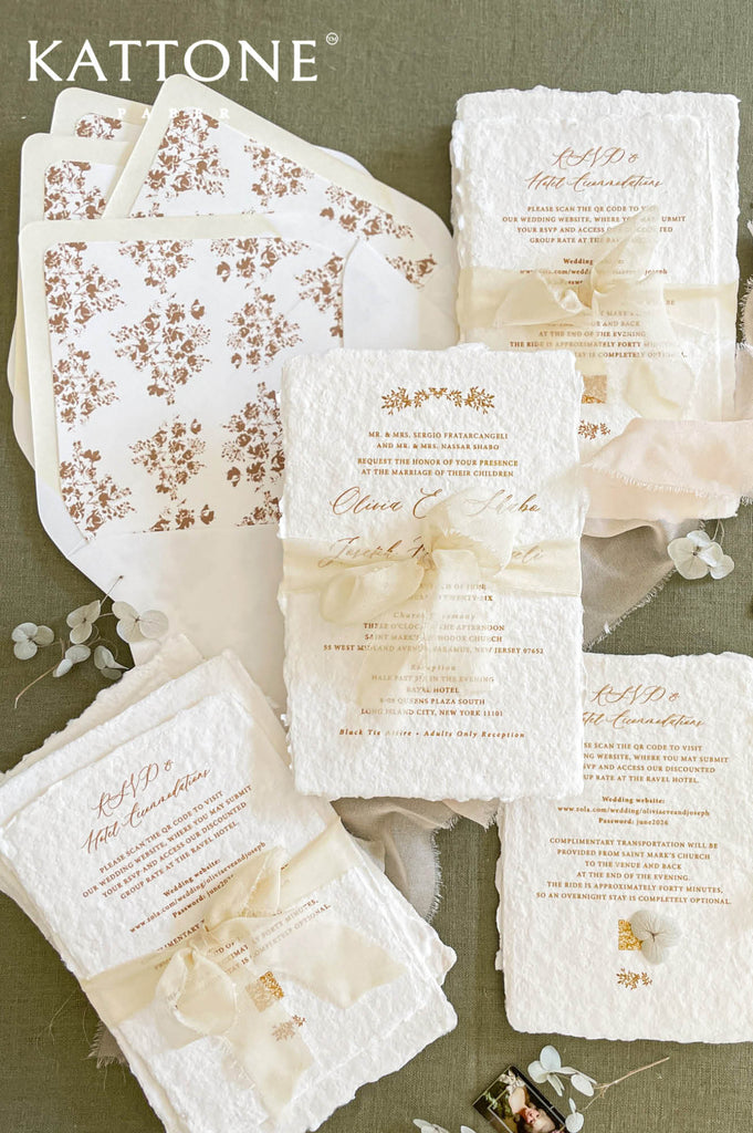 Complete wedding stationery suite including invitation, inserts, ribbon and floral lined envelopes in neutral tones.