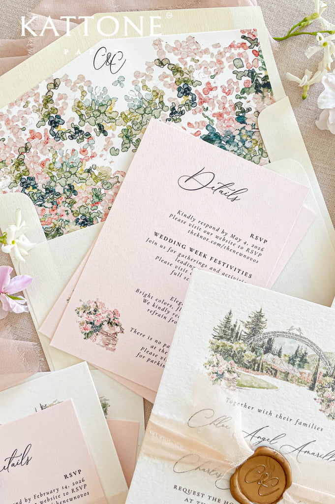 Handmade paper wedding details card with refined typography and matching watercolor venue design.