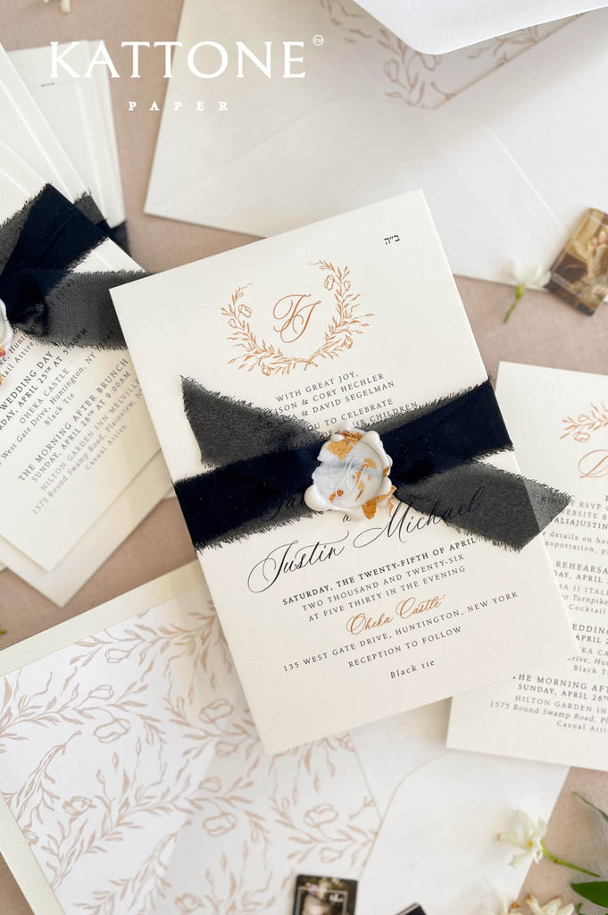 Close up of smooth cardstock wedding invitation showing crisp typography and clean edges