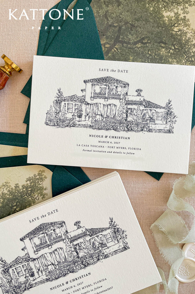 Detailed architectural line drawing of villa wedding venue printed on save the date card in fine art style with clean composition.