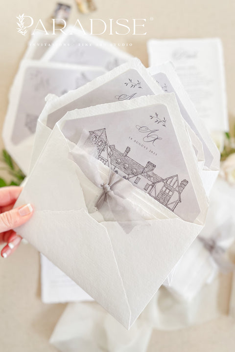 Announce your wedding with timeless elegance through our handmade deckled-edge wedding invitations, designed for couples who appreciate artistry, detail, and refinement. Crafted from 100% cotton paper with hand-torn edges, each invitation features soft grey typography, a vellum overlay, and a silk ribbon tie exuding understated luxury. Perfect for fine art, garden, estate, or destination weddings.