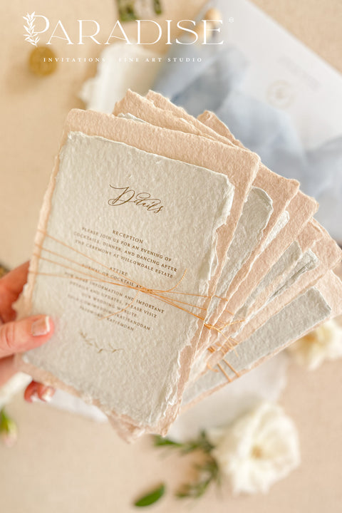 Invite your guests to your special day with the whimsical and elegant touch of this handmade paper wedding invites suite. Perfect for a garden wedding, these invitations feature a unique tassel detail, adding a pop of color and charm. The suite is printed on custom colored handmade paper, providing a rich, organic texture that sets a warm and inviting tone for your celebration.