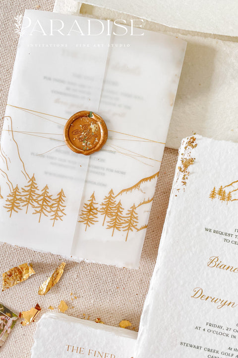Invite your guests to your special day with the perfect blend of natural beauty and refined elegance. These unique mountain invites are printed on luxurious, eco-friendly handmade paper, giving them a rich, organic texture. A delicate golden leaf detail adds a touch of understated luxury, perfectly complementing the rugged charm of a mountain landscape. This rustic chic stationery is ideal for a nature-inspired wedding that is both sophisticated and environmentally conscious.