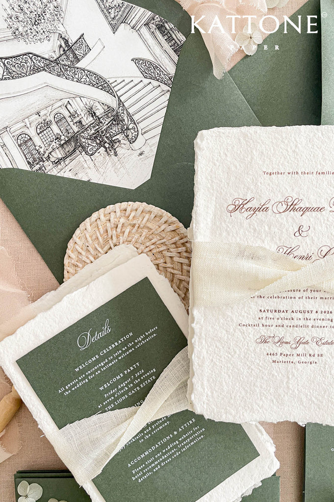 Custom architectural venue illustration adds a meaningful personalized touch to this luxury wedding invitation suite.