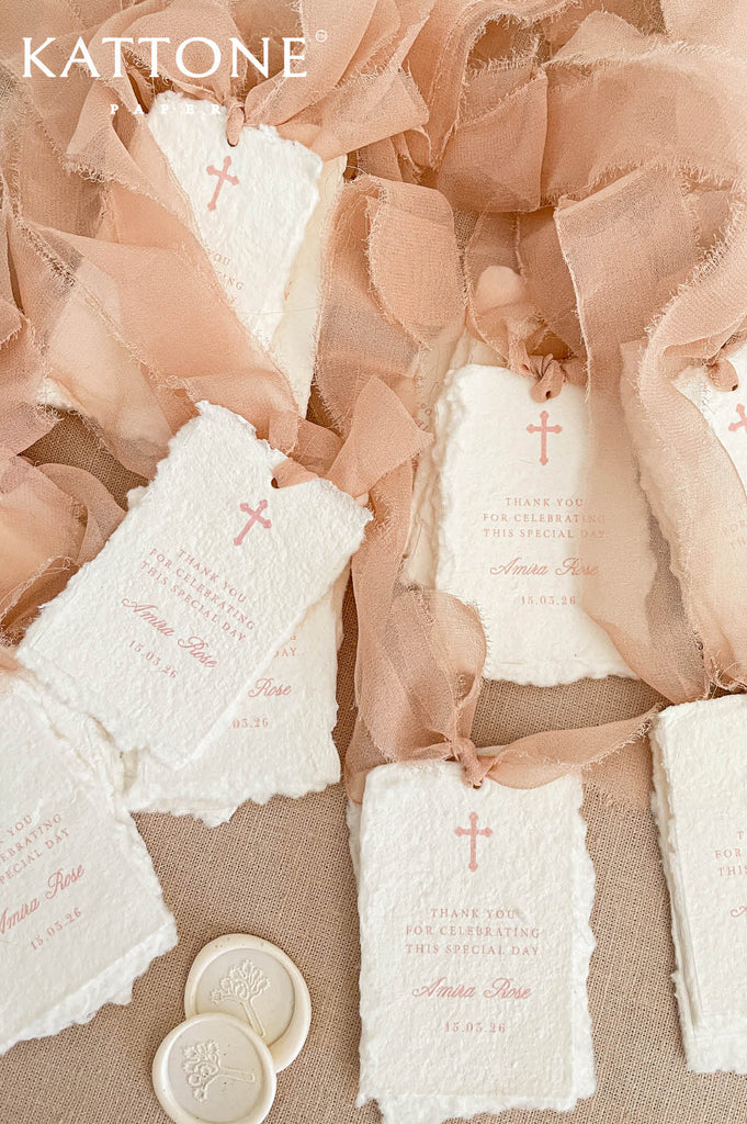Wedding thank you cards styled on neutral linen background with blush chiffon ribbon, wax seal and handmade paper texture.