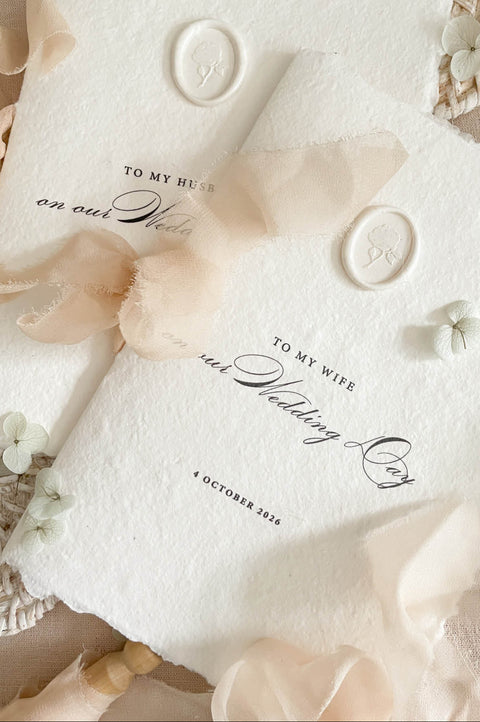 Elegant handmade paper wedding vows booklet with deckled edges designed for personal vows and meaningful ceremony readings.