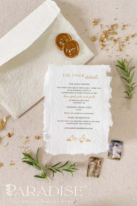 Invite your guests to your special day with the perfect blend of natural beauty and refined elegance. These unique mountain invites are printed on luxurious, eco-friendly handmade paper, giving them a rich, organic texture. A delicate golden leaf detail adds a touch of understated luxury, perfectly complementing the rugged charm of a mountain landscape. This rustic chic stationery is ideal for a nature-inspired wedding that is both sophisticated and environmentally conscious.