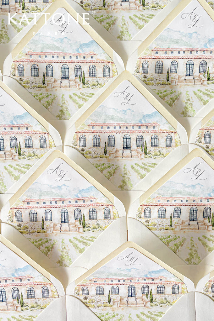 Custom wedding envelope liners with elegant watercolor venue illustration featuring a countryside estate, soft greenery, and delicate architectural details.