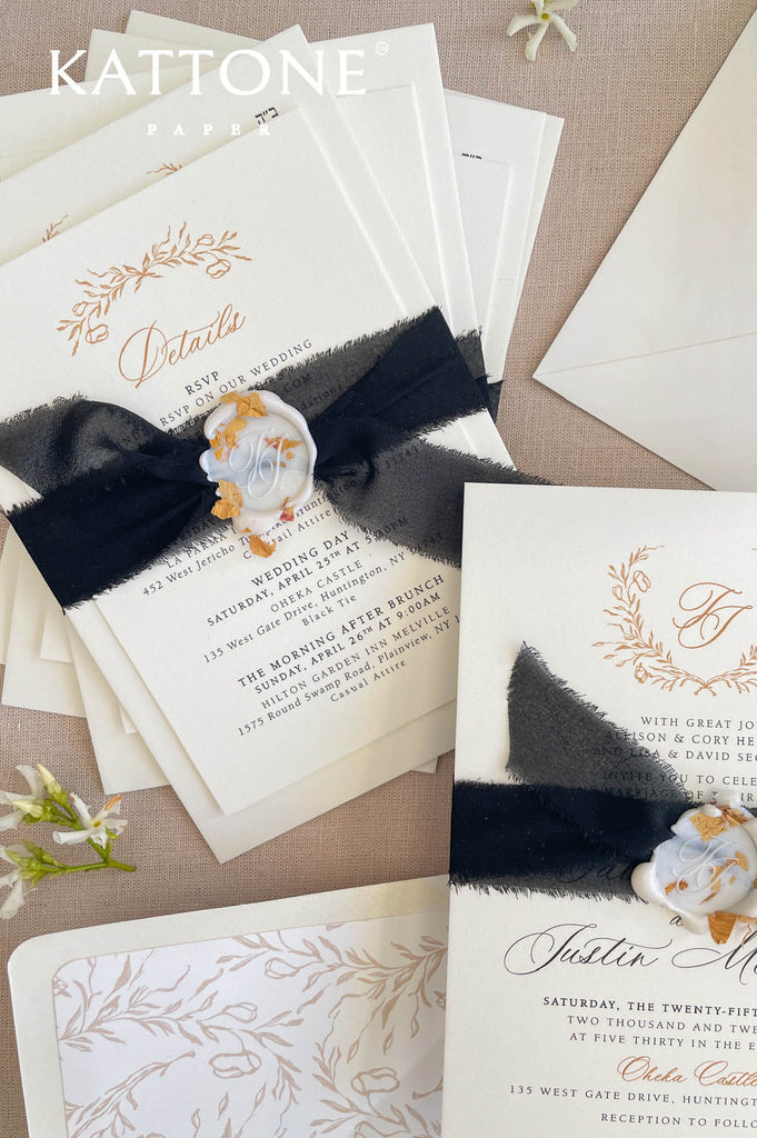 Close up of smooth cardstock wedding invitation showing crisp typography and clean edges