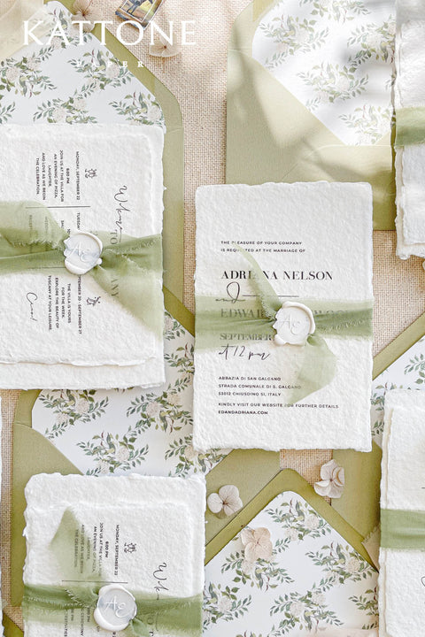 This exquisite wedding invitations suite offers a blend of natural elegance and modern sophistication. Perfect for a garden green wedding, these beautiful invites feature a chic, contemporary design printed on luxurious handmade cotton paper. The suite includes a beautifully designed wedding timeline, guiding your guests through your special day with a personal and artistic touch, all wrapped in a fresh and modern aesthetic.