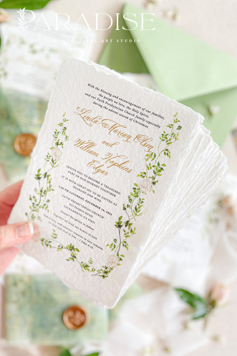 This exquisite wedding invitation set offers a blend of natural elegance and personalized artistry. Perfect for a garden green wedding, these beautiful custom elegant invites are printed on luxurious handmade deckled edge paper, which provides a rich, tactile feel and a truly unique finish. The result is a stationery suite that is both sophisticated and harmonious, beautifully capturing the essence of your special day.