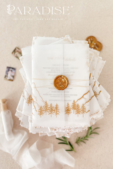 Invite your guests to your special day with the perfect blend of natural beauty and refined elegance. These unique mountain invites are printed on luxurious, eco-friendly handmade paper, giving them a rich, organic texture. A delicate golden leaf detail adds a touch of understated luxury, perfectly complementing the rugged charm of a mountain landscape. This rustic chic stationery is ideal for a nature-inspired wedding that is both sophisticated and environmentally conscious.