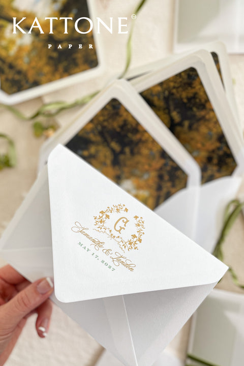 Close-up of address printing on white envelope highlighting crisp lettering, smooth cardstock texture, and refined finish.