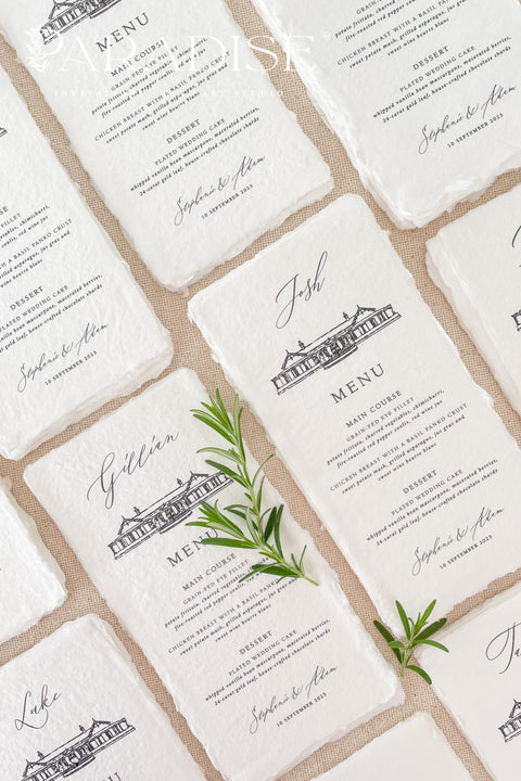 Capture the essence of your love story with our handmade paper wedding menus featuring a custom hand-drawn venue illustration. Each menu is crafted from 100% cotton rag paper with deckled edges and showcases your unique wedding venue, delicately illustrated in fine detail. The elegant typography and minimalist layout complete the refined fine-art aesthetic, making every place setting feel deeply personal and timeless.