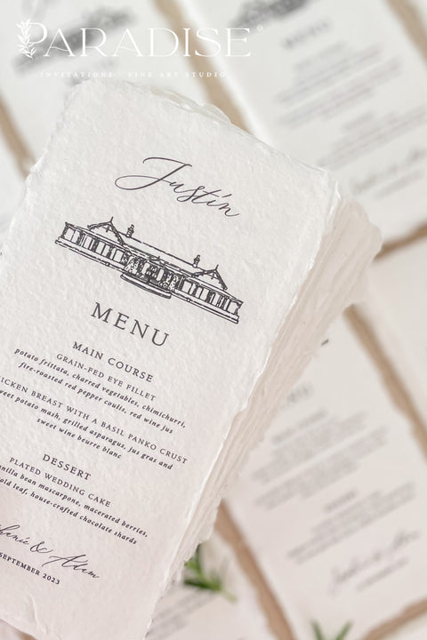 Capture the essence of your love story with our handmade paper wedding menus featuring a custom hand-drawn venue illustration. Each menu is crafted from 100% cotton rag paper with deckled edges and showcases your unique wedding venue, delicately illustrated in fine detail. The elegant typography and minimalist layout complete the refined fine-art aesthetic, making every place setting feel deeply personal and timeless.