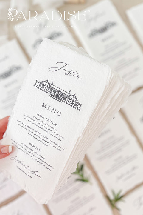 Capture the essence of your love story with our handmade paper wedding menus featuring a custom hand-drawn venue illustration. Each menu is crafted from 100% cotton rag paper with deckled edges and showcases your unique wedding venue, delicately illustrated in fine detail. The elegant typography and minimalist layout complete the refined fine-art aesthetic, making every place setting feel deeply personal and timeless.