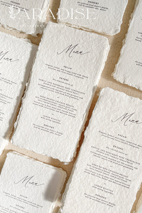 Bring elegance and artisanal beauty to your tablescape with our handmade paper wedding menus, crafted from luxurious 100% cotton rag paper with naturally torn deckled edges. Each menu is individually handmade and printed using timeless fine-art typography, designed to complement both classic and modern wedding aesthetics. Perfect for romantic receptions, fine-art weddings, or destination celebrations.