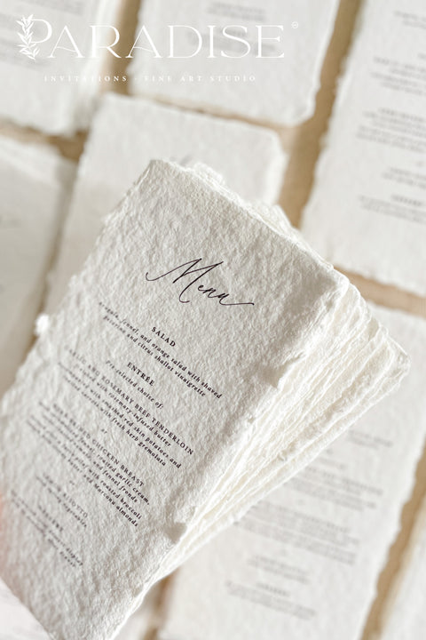 Bring elegance and artisanal beauty to your tablescape with our handmade paper wedding menus, crafted from luxurious 100% cotton rag paper with naturally torn deckled edges. Each menu is individually handmade and printed using timeless fine-art typography, designed to complement both classic and modern wedding aesthetics. Perfect for romantic receptions, fine-art weddings, or destination celebrations.