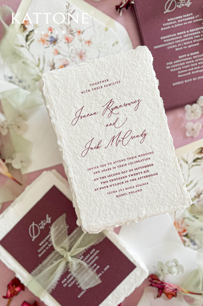 Hand-torn sage silk ribbon tied around handmade paper details card creating a romantic layered presentation.