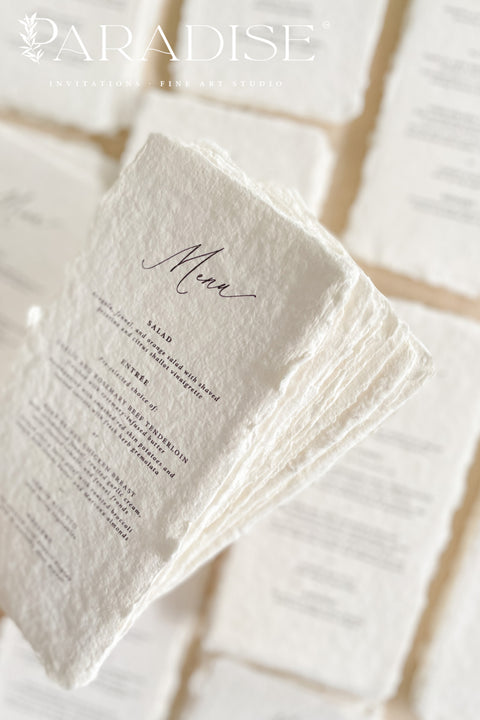 Bring elegance and artisanal beauty to your tablescape with our handmade paper wedding menus, crafted from luxurious 100% cotton rag paper with naturally torn deckled edges. Each menu is individually handmade and printed using timeless fine-art typography, designed to complement both classic and modern wedding aesthetics. Perfect for romantic receptions, fine-art weddings, or destination celebrations.