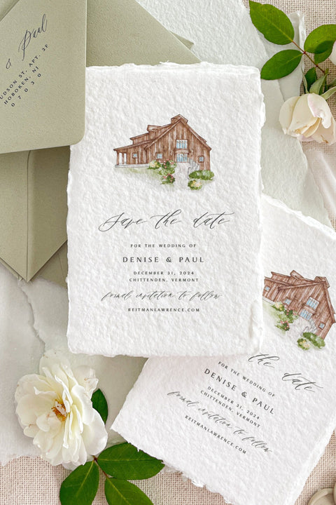 Set the tone for your wedding day with our handmade paper Save the Date cards, beautifully designed with a hand-painted watercolor barn illustration - the perfect choice for rustic, countryside, or fine art weddings. Each card is crafted on luxurious 100% cotton handmade paper with natural deckled edges, giving every piece a soft, romantic, and organic texture that feels truly one of a kind.