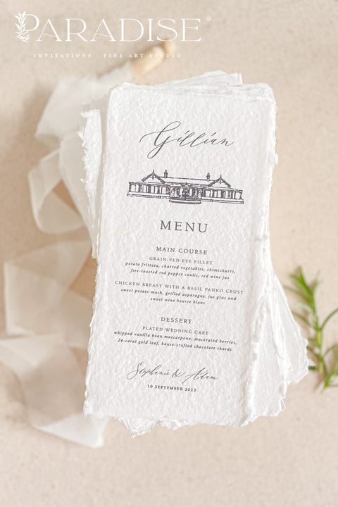 Capture the essence of your love story with our handmade paper wedding menus featuring a custom hand-drawn venue illustration. Each menu is crafted from 100% cotton rag paper with deckled edges and showcases your unique wedding venue, delicately illustrated in fine detail. The elegant typography and minimalist layout complete the refined fine-art aesthetic, making every place setting feel deeply personal and timeless.