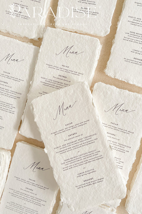 Bring elegance and artisanal beauty to your tablescape with our handmade paper wedding menus, crafted from luxurious 100% cotton rag paper with naturally torn deckled edges. Each menu is individually handmade and printed using timeless fine-art typography, designed to complement both classic and modern wedding aesthetics. Perfect for romantic receptions, fine-art weddings, or destination celebrations.