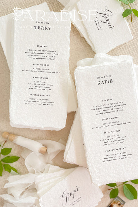 Elevate your wedding tablescape with our handmade paper wedding menus, beautifully printed on 100% cotton rag paper with naturally torn deckled edges. Each menu is a work of art - thoughtfully designed with elegant typography and soft, organic textures that bring fine art sophistication to your reception. These menus double perfectly as place cards, with personalized guest names printed at the top, offering a seamless and refined seating presentation.