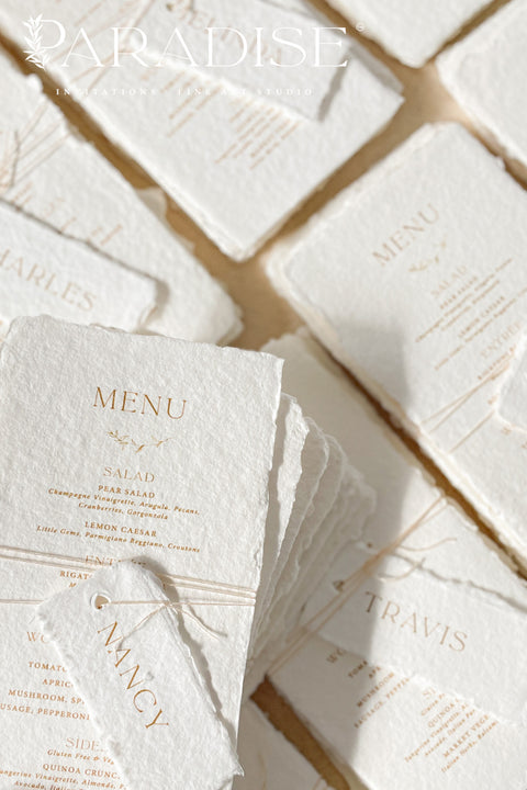Bring timeless elegance to your table with our handmade paper wedding menus, crafted from 100% cotton rag paper and finished with natural deckled edges for a romantic fine-art touch. Featuring minimalist typography, warm neutral tones, and custom guest name tags tied with natural twine, these menus are the perfect blend of sophistication and organic charm. Each piece is designed to elevate your event’s presentation - ideal for weddings, rehearsal dinners, elopements, and styled shoots.