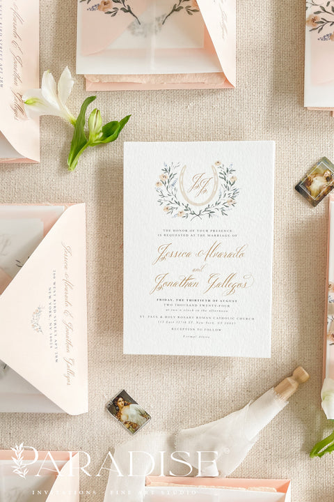 This exquisite wedding invitation set offers a blend of timeless sophistication and eco-conscious artistry. Each invite features a bespoke custom watercolor crest, hand-painted to capture your unique love story. The crest is printed on your choice of either smooth, premium paper or on our beautiful sustainable deckled edge fine art stationery, a handcrafted paper with a beautiful, tactile finish.