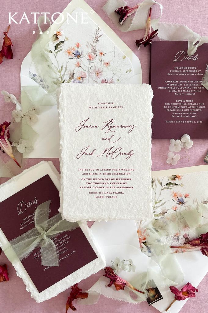 Complete luxury wedding invitation suite including handmade invitation, burgundy details cards, envelopes with floral liners and silk ribbon accents.