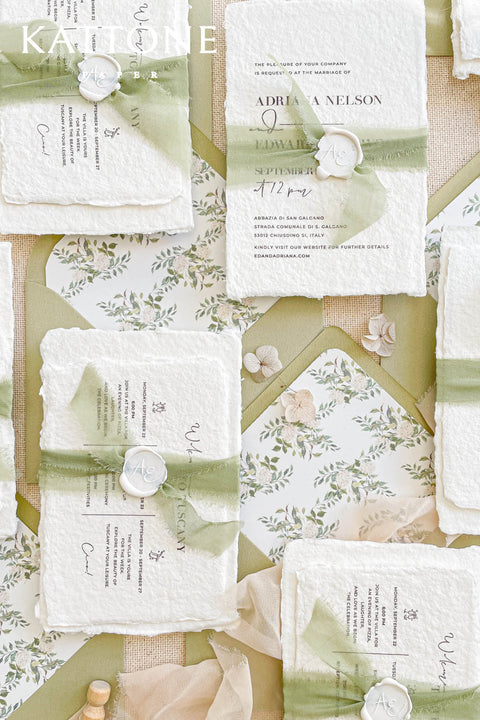 This exquisite wedding invitations suite offers a blend of natural elegance and modern sophistication. Perfect for a garden green wedding, these beautiful invites feature a chic, contemporary design printed on luxurious handmade cotton paper. The suite includes a beautifully designed wedding timeline, guiding your guests through your special day with a personal and artistic touch, all wrapped in a fresh and modern aesthetic.