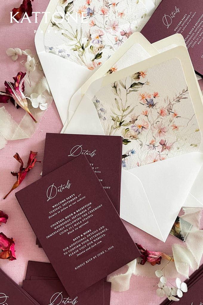 Wedding envelope with soft watercolor floral liner featuring delicate botanical flowers in warm peach and blush tones.