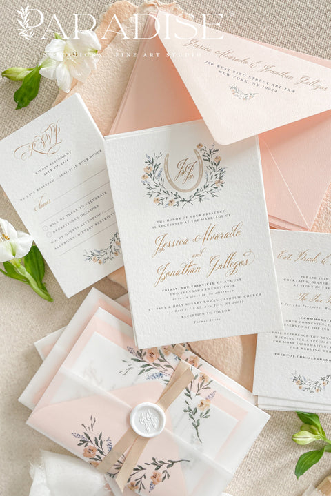 This exquisite wedding invitation set offers a blend of timeless sophistication and eco-conscious artistry. Each invite features a bespoke custom watercolor crest, hand-painted to capture your unique love story. The crest is printed on your choice of either smooth, premium paper or on our beautiful sustainable deckled edge fine art stationery, a handcrafted paper with a beautiful, tactile finish.
