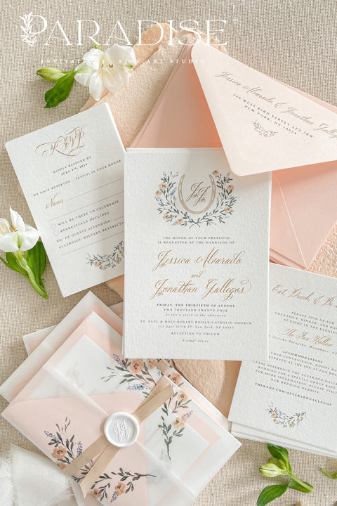 This exquisite wedding invitation set offers a blend of timeless sophistication and eco-conscious artistry. Each invite features a bespoke custom watercolor crest, hand-painted to capture your unique love story. The crest is printed on your choice of either smooth, premium paper or on our beautiful sustainable deckled edge fine art stationery, a handcrafted paper with a beautiful, tactile finish.
