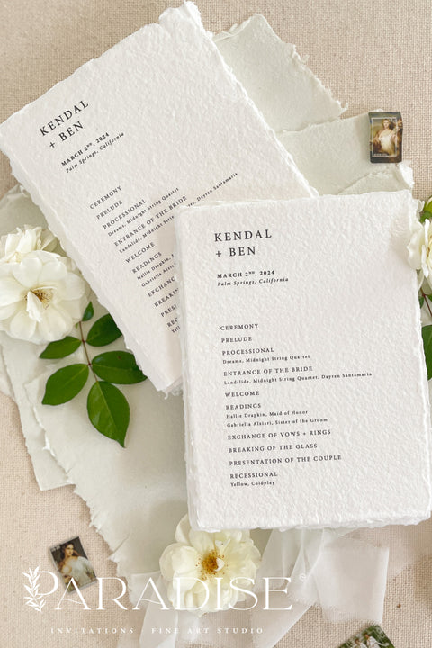 Elevate your ceremony with a handmade paper wedding program crafted on luxurious cotton rag stock. Featuring naturally deckled edges and a refined, minimalist layout, it brings a soft, organic elegance to your aisle. Each piece is printed with fine-art precision to create a timeless keepsake that complements romantic, garden, and modern classic weddings.