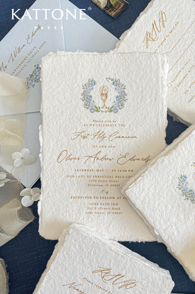 Catholic chalice and host illustration framed by soft blue botanical wreath on Communion invitation.