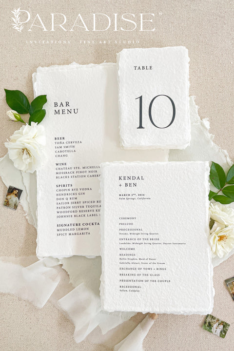 Elevate your ceremony with a handmade paper wedding program crafted on luxurious cotton rag stock. Featuring naturally deckled edges and a refined, minimalist layout, it brings a soft, organic elegance to your aisle. Each piece is printed with fine-art precision to create a timeless keepsake that complements romantic, garden, and modern classic weddings.