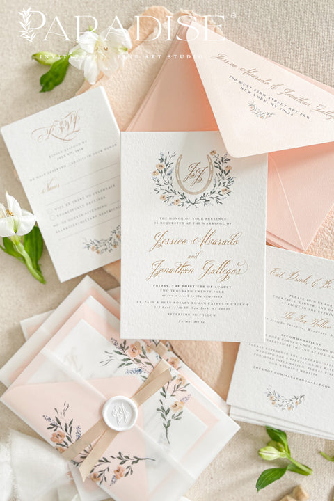 This exquisite wedding invitation set offers a blend of timeless sophistication and eco-conscious artistry. Each invite features a bespoke custom watercolor crest, hand-painted to capture your unique love story. The crest is printed on your choice of either smooth, premium paper or on our beautiful sustainable deckled edge fine art stationery, a handcrafted paper with a beautiful, tactile finish.