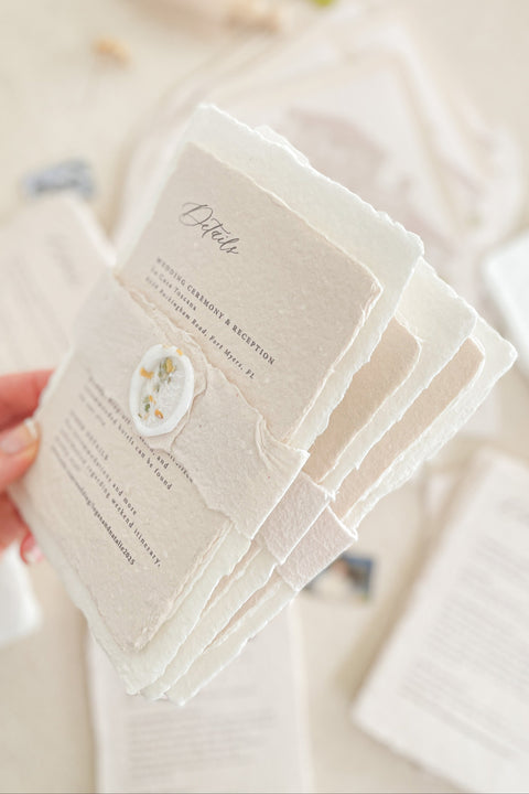 Announce your special day with a personal and artistic touch with this beautiful wedding invitations suite. Featuring a one-of-a-kind custom venue illustration watercolor, hand-painted to capture the unique charm of your location. The artwork is printed on luxurious almond natural handmade paper, a soft, tactile paper that perfectly complements the fine-art style. The result is a stunning and memorable first impression for your guests.