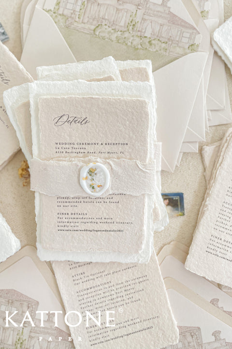 Announce your special day with a personal and artistic touch with this beautiful wedding invitations suite. Featuring a one-of-a-kind custom venue illustration watercolor, hand-painted to capture the unique charm of your location. The artwork is printed on luxurious almond natural handmade paper, a soft, tactile paper that perfectly complements the fine-art style. The result is a stunning and memorable first impression for your guests.