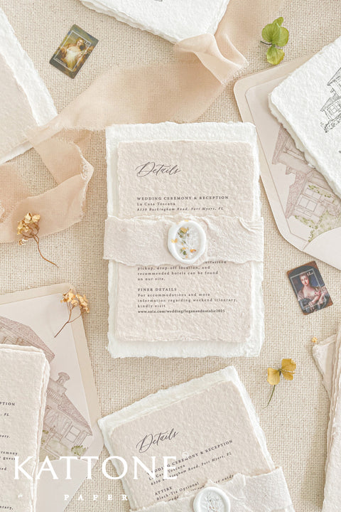 Announce your special day with a personal and artistic touch with this beautiful wedding invitations suite. Featuring a one-of-a-kind custom venue illustration watercolor, hand-painted to capture the unique charm of your location. The artwork is printed on luxurious almond natural handmade paper, a soft, tactile paper that perfectly complements the fine-art style. The result is a stunning and memorable first impression for your guests.