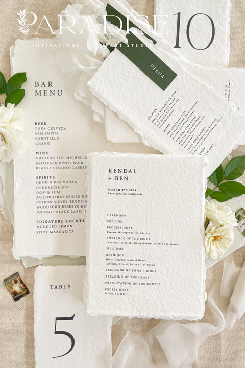 Elevate your ceremony with a handmade paper wedding program crafted on luxurious cotton rag stock. Featuring naturally deckled edges and a refined, minimalist layout, it brings a soft, organic elegance to your aisle. Each piece is printed with fine-art precision to create a timeless keepsake that complements romantic, garden, and modern classic weddings.