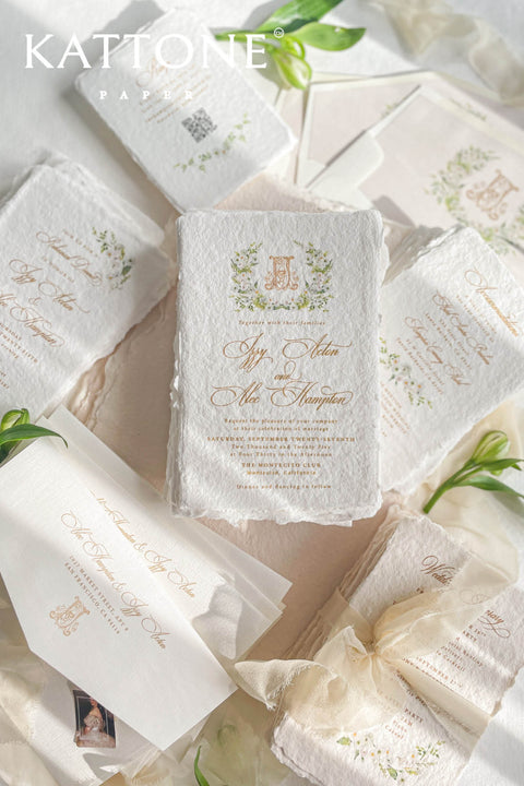 This exquisite deckle edge cotton rag suite offers a blend of natural elegance and personalized artistry. Perfect for a garden wedding, these beautiful invitations feature a bespoke watercolor design crest monogram created just for you. The luxurious, handmade paper adds a rich, organic texture, beautifully complementing the fine-art style of the crest and setting a romantic and sophisticated tone for your special day.