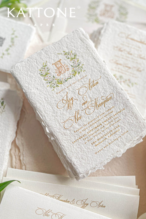 This exquisite deckle edge cotton rag suite offers a blend of natural elegance and personalized artistry. Perfect for a garden wedding, these beautiful invitations feature a bespoke watercolor design crest monogram created just for you. The luxurious, handmade paper adds a rich, organic texture, beautifully complementing the fine-art style of the crest and setting a romantic and sophisticated tone for your special day.