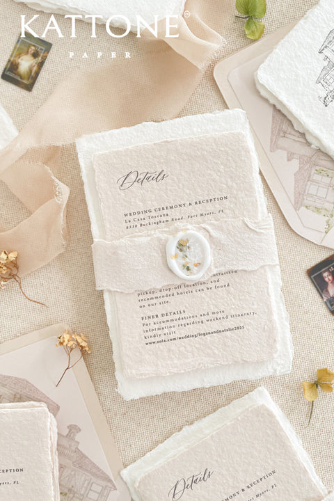 Announce your special day with a personal and artistic touch with this beautiful wedding invitations suite. Featuring a one-of-a-kind custom venue illustration watercolor, hand-painted to capture the unique charm of your location. The artwork is printed on luxurious almond natural handmade paper, a soft, tactile paper that perfectly complements the fine-art style. The result is a stunning and memorable first impression for your guests.