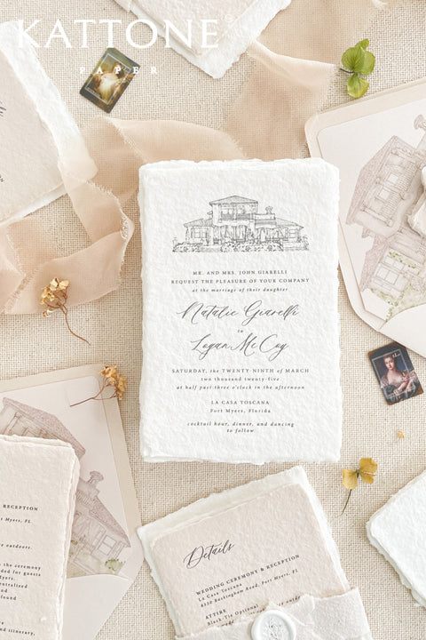 Announce your special day with a personal and artistic touch with this beautiful wedding invitations suite. Featuring a one-of-a-kind custom venue illustration watercolor, hand-painted to capture the unique charm of your location. The artwork is printed on luxurious almond natural handmade paper, a soft, tactile paper that perfectly complements the fine-art style. The result is a stunning and memorable first impression for your guests.