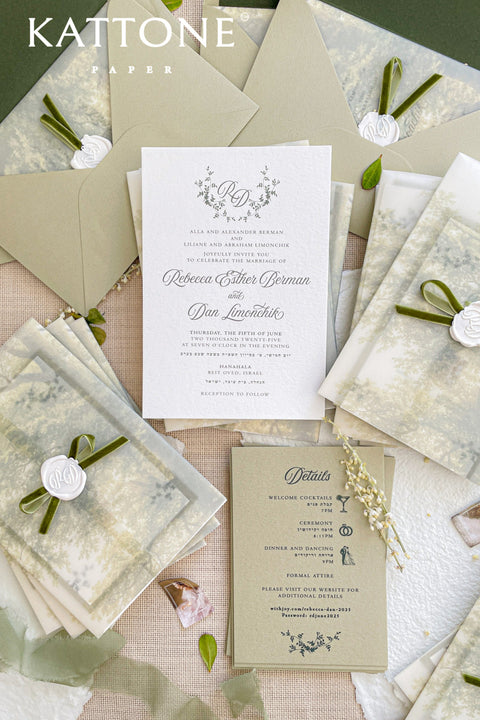 Announce your special day with an invitation suite that is as luxurious as it is beautiful. This collection is perfect for a romantic garden wedding, an intimate ceremony, or any event that calls for an extra touch of timeless elegance. Each invite is printed on our premium paper and finished with a rich velvet ribbon and a delicate wax seal, creating a stunning and memorable first impression.